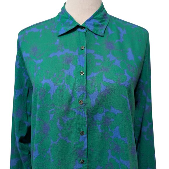 Xirena Womens Size XS Beau Ibiza Blue Green Floral Button Cotton L/S Blouse Top - Picture 5 of 10